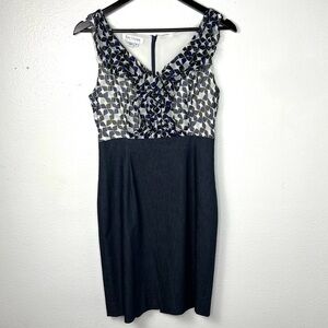 KAY UNGER Shift Dress Ruffle Bodice Chambray Skirt Sleeveless Size 6 Blue